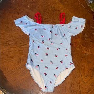 Striped Off-Shoulder Swimsuit with Cherry Print